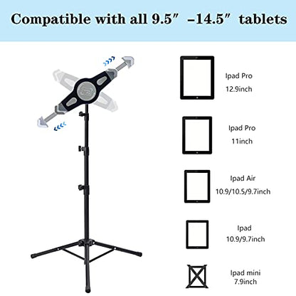 Ipad Tripod Stand, Height Adjustable iPad Stand Floor, Tablet Holder Stand with 360 Degree Rotating Tablet Mount for ipad Pro12.9, iPad Air and Other Device Within 9.5-14.5 Inch
