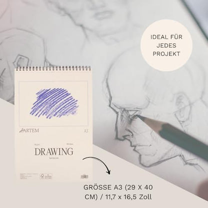Hartem - A3 Sketch Book, Top Spiral Bound Sketch Pad, 100 Sheets, 60lb/90gsm Acid-Free Drawing Paper, Art Suppiles for Kids & Adults, Beginners & Professional Artists - size: A3 (11.7 × 16.5 in)