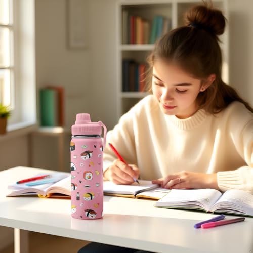 Cute Sushi Water Bottle 18oz - Food Nutriton Facts Stainless Steel Insulated Tumbler for Girls & Boys -Sushi Gifts, Gift for Teens Women, Pink Sports Travel Mug - color: Sushi