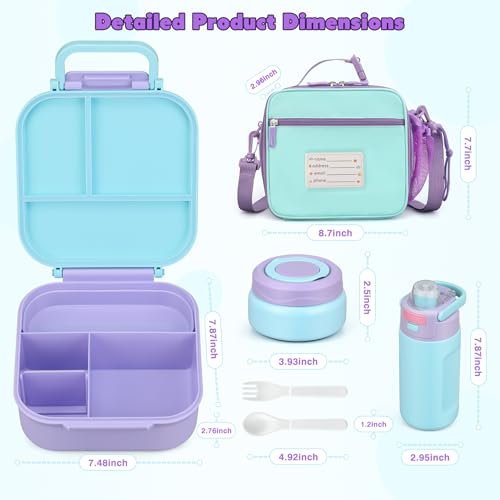Bento Lunch Box for Kids with 7oz Soup Thermo,Insulated Stainless Steel Kids Water Bottle with Straw and Insulated Lunch Bag,Leak-Proof Lunch Food Container with Ice Pack for School(Purple) - color: Purple