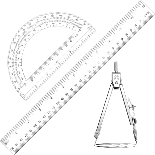 Zonon 3 Pcs Plastic Ruler 6 Inch Protractor Drawing Compass Set, Student Geometry Math Transparent Measuring Tools for Home School Classroom Office Supplies(12 Inch,Clear) - color: Clear, size: 12 Inch