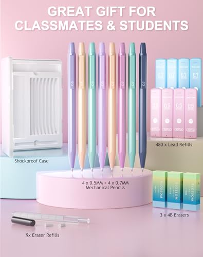 20PACK Mechanical Pencil, 8Pcs 0.5 0.7mm Mechanical Pencils Set With Eraser and 480 Pcs Refills, Cute Colored Preppy School Supplies Gift for Girls Writing - Come With Custom Case