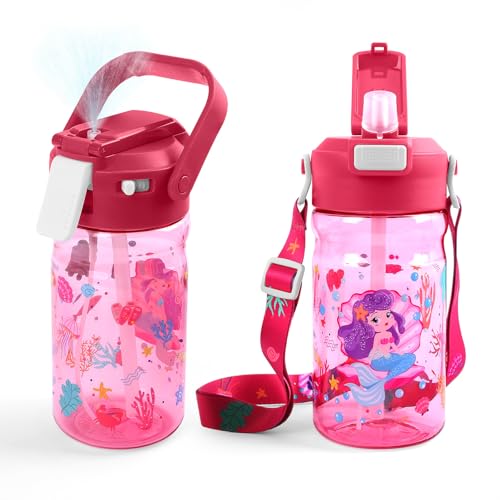 20oz Kids Water Bottle With Straw for School or Travel, Mermaid | Leak-Proof Misting Bottle, Secure Lock, Pop-Up Spout, Handle & Detachable Strap, Personalized Bottle for Girls Sports Use - color: Pink Mermaid