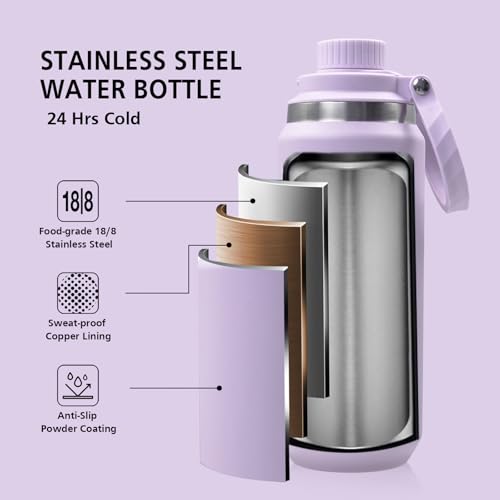 GREYLOCK 40 oz Insulated Water Bottle with Straw Lid, Leakproof Reusable Stainless Steel Vacuum Flask, 24hr Cold & Hot, Carry Handle & Silicone Spout, BPA-Free for Gym, Hiking, Travel,Purple - color: Lilac, size: 40 Ounces