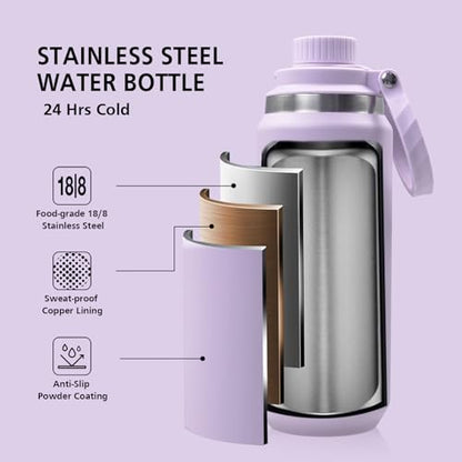 GREYLOCK 40 oz Insulated Water Bottle with Straw Lid, Leakproof Reusable Stainless Steel Vacuum Flask, 24hr Cold & Hot, Carry Handle & Silicone Spout, BPA-Free for Gym, Hiking, Travel,Purple - color: Lilac, size: 40 Ounces