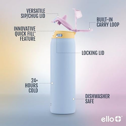 Ello Pop & Fill Insulated Stainless Steel Water Bottle with Quick Fill Lid, Leakproof Locking, Sip or Chug Spout, BPA-Free, Double Wall Vacuum Insulated for Sports, Travel & School- 22oz / 32oz / 40oz - color: Coastal Sunrise, style: 22oz