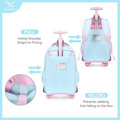 3-IN-1 Rolling Backpack for Girls with Lunch Bag Pencil case, Kawaii Backpack with Wheels for Girls, Roller School Bag with Wheels for Teen Elementary School Bookbags with Cute Pins Aquamarine-Pink - color: Aquamarine-pink