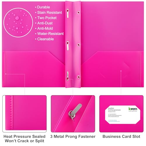 Cholemy 72 Packs Pocket Folders with Prongs Heavy Duty Plastic Folder with Business Card Slot 3 Prong Fasteners for School Office (Soft) - color: Soft
