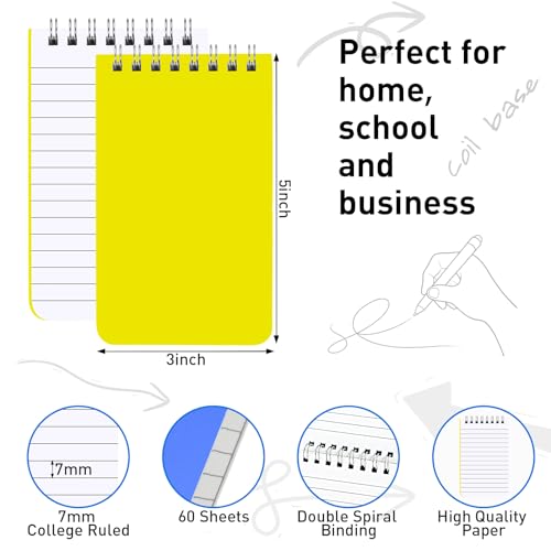 12 Pack Pocket Notebook,3x5 inch Mini Little Spiral Notebooks,60 Sheets Top Bound Small Notepads,Memo Pads College Ruled Pocket Notepad for Office,School,Home（6 Colors ）