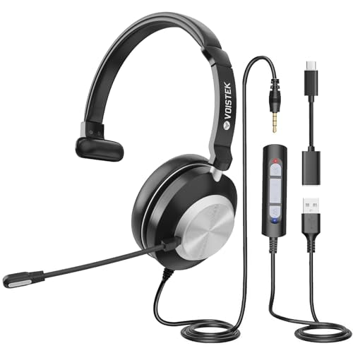 Voistek USB Headset with Microphone for PC, Wired Work Headset (One Ear) Computer Headphones with Noise Cancelling Mic, Mute, Volume Controls for Office Call Center Home Work Skype Zoom Team Meetings - color: Glossy Black
