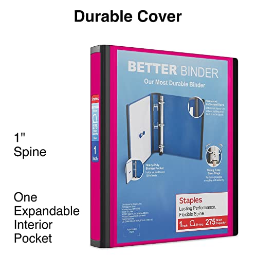 Staples Better Binder, 1-Inch 3‑Ring View Binder, Durable D‑Ring, Pink, Heavy‑Duty, Holds 275 Sheets, School & Office Organization, 3‑Pack - color: Pink, size: 1-Inch, style: 3 Pack
