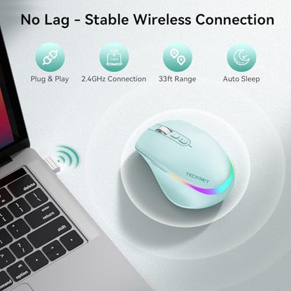 TECKNET Wireless Mouse Jiggler, Rechargeable Mouse with Built-in Mouse Mover, 6 Adjustable DPI & 14 LED Modes, Silent Click, Undetectable Random Movement Keeps Computer Awake for Laptop/PC/Mac- Green - color: Green