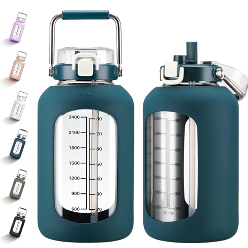 MUKOKO 100oz Glass Water Bottle with Time Marker and Silicone Sleeve 3L Large Water Jug with Stainless Steel Handle Gallon Drinking Bottle with 2-in-1 Lid Wide Mouth BPA Free, Dark Blue - color: Dark Blue, size: 100 Ounces