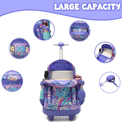 Meetbelify Rolling Backpack for Girls Boys Backpacks with Wheels Kids Carry on Luggage for Girls Boys - color: Blue Leopard