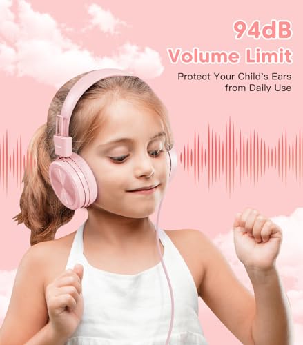 Cowyawn Kids Headphones, Toddler Headphones with Safe Volume Limiter 94dB, Wired School Headphones for Kid, 3.5mm Adjustable On-Ear Headphone for Boys/Girls/Children/Teens/iPad/Computer, Light Pink - color: Light Pink