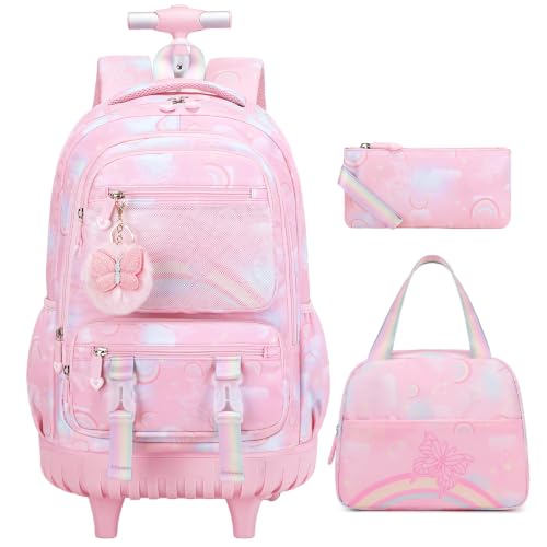 Scothen Rolling Backpack for Girls, 3PCS Roller School Backpacks for Girls with Lunch Bag and Pencil Pouch, Kids Bookbag Schoolbag with Wheels for Teen Girl Kindergarten Elementary Middle School - color: Pink