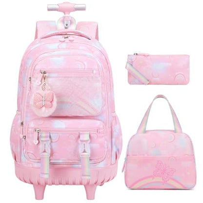 Scothen Rolling Backpack for Girls, 3PCS Roller School Backpacks for Girls with Lunch Bag and Pencil Pouch, Kids Bookbag Schoolbag with Wheels for Teen Girl Kindergarten Elementary Middle School - color: Pink