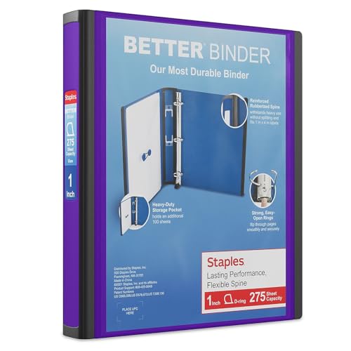 Staples Better Binder 1-Inch D-Ring View Binder, Reinforced Spine, Holds Up to 275 Sheets, Purple, for Office & School - color: Purple, size: 1-Inch, style: 1 Pack