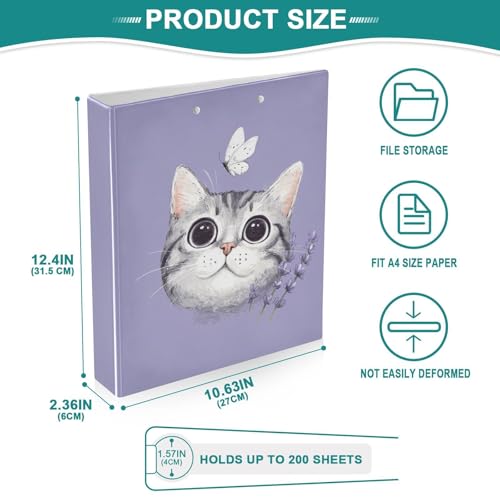 Fustylead Lovely Cat and Butterfly Lavender 3 Ring Binder, D-Rings 1.5" Hardcover Folder, Fits 200 Sheets of A4 Paper, Durable Clipboard & Clean View with Inside Pockets for School Home Office - size: 12.4x10.63x2.36 Inch-2 Pack