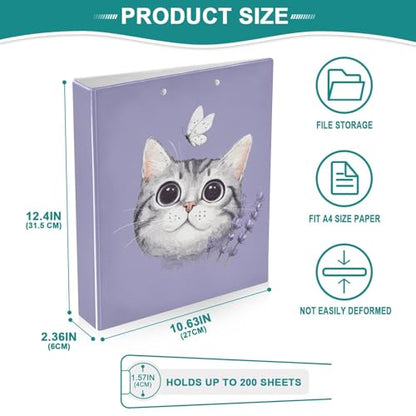 Fustylead Lovely Cat and Butterfly Lavender 3 Ring Binder, D-Rings 1.5" Hardcover Folder, Fits 200 Sheets of A4 Paper, Durable Clipboard & Clean View with Inside Pockets for School Home Office - size: 12.4x10.63x2.36 Inch-2 Pack