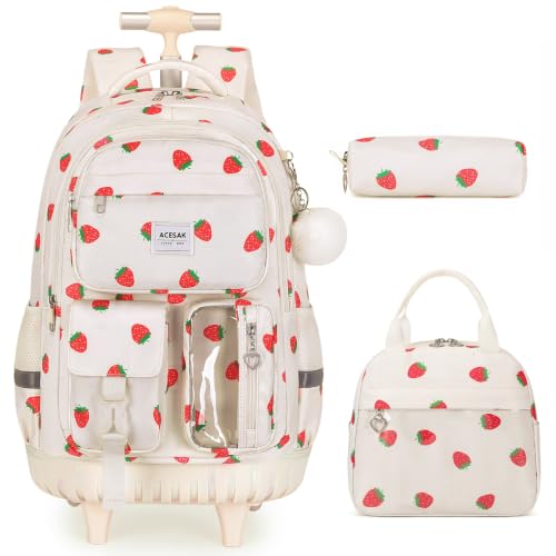 ACESAK Rolling Backpack for Girls, Roller Backpack with Lunch Bag & Pencil Pouch for Teen Girls Kids, Bookbag Backpack with Wheels for Women Elementary Middle High School Travel (Beige Strawberry) - color: Beige Strawberry