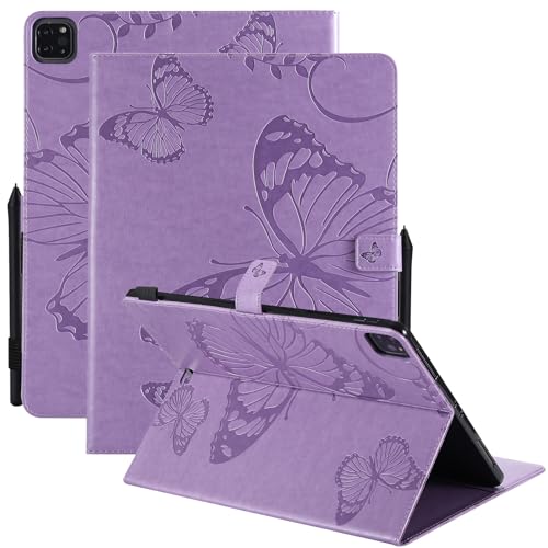 Dteck Wallet Case for iPad Air 13 Inch M2 2024 & iPad Pro 12.9 2022/2021/2020/2018 with Pencil Holder,Embossed Butterfly Auto Sleep/Wake PU Leather Smart Stand Girls Cute Folio Pocket Cover,Purple - color: 10 Purple