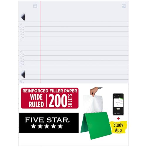 Five Star Loose Leaf Paper + Study App, Wide Ruled Filler Notebook Paper, Reinforced, Fights Ink Bleed, 8" x 10-1/2", 200 Sheets (150039) - size: 200 Sheets
