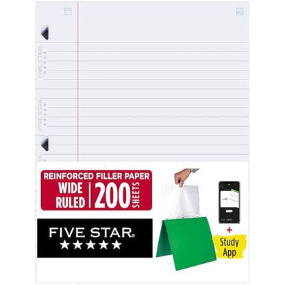 Five Star Loose Leaf Paper + Study App, Wide Ruled Filler Notebook Paper, Reinforced, Fights Ink Bleed, 8" x 10-1/2", 200 Sheets (150039) - size: 200 Sheets