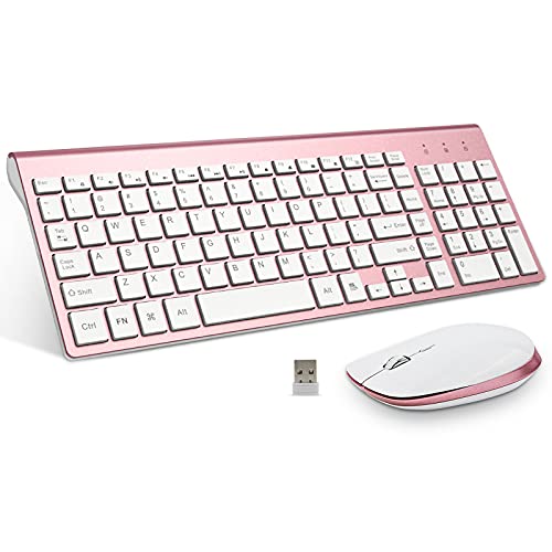 FENIFOX Keyboard and Mouse Wireless, USB 2.4GHz Combo Silent Quiet Low Profile Compact Full Size Flat Slim Thin Portable with Number Pad Soft Cover for PC Laptop Computer Office - Pink & Rose Gold - color: Pink