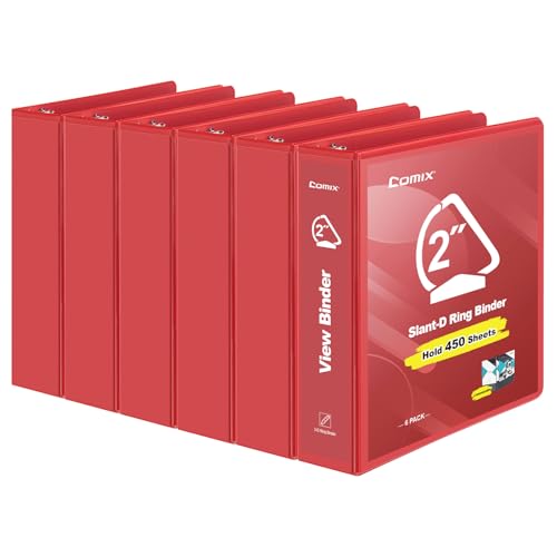 COMIX Sturdy 3 Ring Binder 2 inch with Clear View Cover, 2" Slant-D Ring View Binder Holds 500 Sheets of US Letter Size Paper, 6 Pack (Red) - color: Red, size: 2 inch