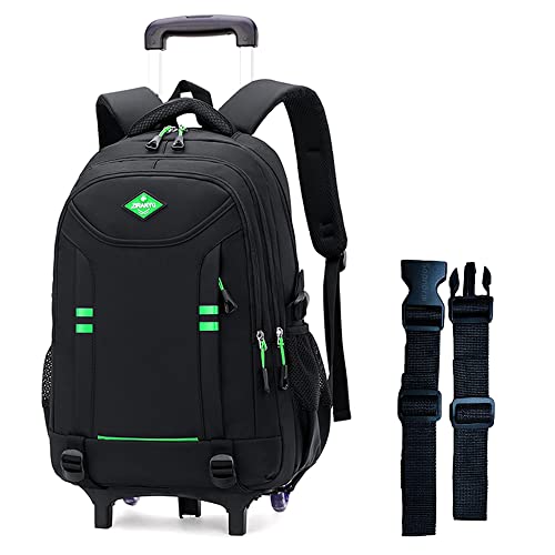 Rolling Backpack for Boys Elementary School Bag with Wheels Travel Trolley Bag 2 wheels and 6 wheels - color: Black/Green 2 Wheels, size: 2 wheels