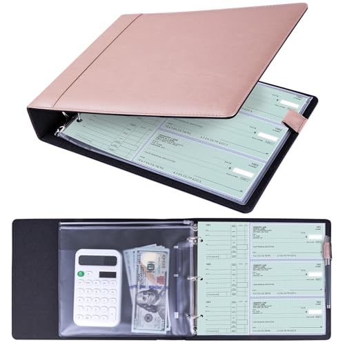 Antner 3 Ring Personal Check Binder for 3-on-a-Page End-Stub Deskbook & Personal 3 Holes or 9 Holes Small Size Checks, PU Leather Check Holder Checkbook Binder Cover with Zipper Pouch, Rose Gold - color: Rose Gold