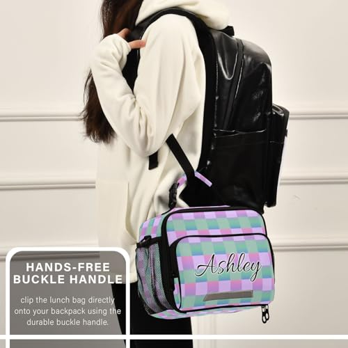 Custom Student Lunch Bag for Boys Girls Gradient Checkered Personalized Lunch Box With Name Insulated Cooler Bag for School Picnic Travel - color: Multi20