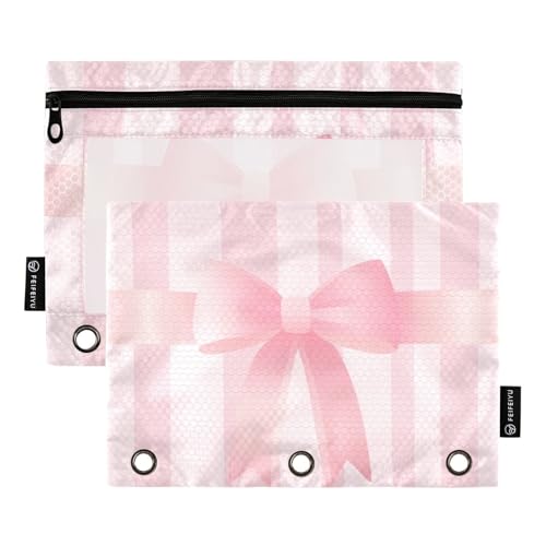 Bow Stripe Pink Pencil Pouch for 3 Ring Binder Pencil Pouches with Zippers Clear Window Binder Pockets Pencil Bags for Office Work Daily Organzier 2 Packs - color: Multicolored-bow Stripe Pink