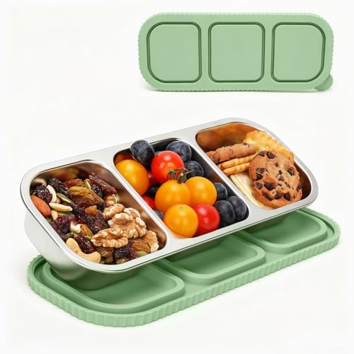 3 Compartment Stainless Steel Snack Containers. | Reusable Snackle Box Container with Leakproof Lids Metal Bento Lunch Boxs Food Storage Containers for Travel Picnics Office - color: 01-GN