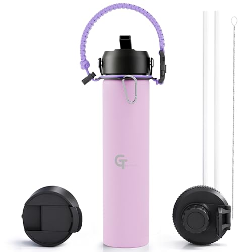 25oz Insulated Stainless Steel Water Bottle with 3 Lids & Paracord Handle – Leakproof Wide Mouth Metal Sports Bottle for Gym, School & Travel (Light Purple, 25oz) - color: Light Purple, size: 25oz