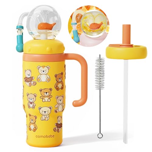 Como bebe 24oz 316 Stainless Steel Whale Fountain Sippy Cup, Insulated Whale Squirt Tumbler with Handle, Leak Proof Straw Cup with 2 Types Lids, Fits Car Cup Holder for Kids Teens Adults (little bear) - color: Orange little bear