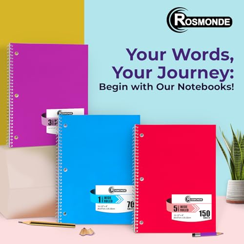 Rosmonde 50 Pack, 1 Subject Spiral Notebook Wide Ruled Bulk, 70 Sheets | Bulk Subject Notebooks, 140 Pages, 8 x 10-1/2", 3 Hole Punched, Thick No-Bleed Paper, Bulk 1 Subject Notebooks for School - size: 50 Bulk Value Pack