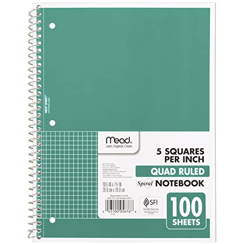 Mead Spiral Notebook, 1 Subject, Graph Ruled Paper, 7-1/2" x 10-1/2", 100 Sheets, Green (05676AC5) - color: Green