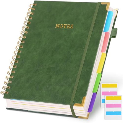 LABUK 5 Subject Notebook College Ruled with Movable Tab Dividers, 300 Pages 8"x10"/B5 Leather Hardcover Spiral Notebook, 100GSM Thick Journal Notebooks for Work, School, Green - color: 3-green