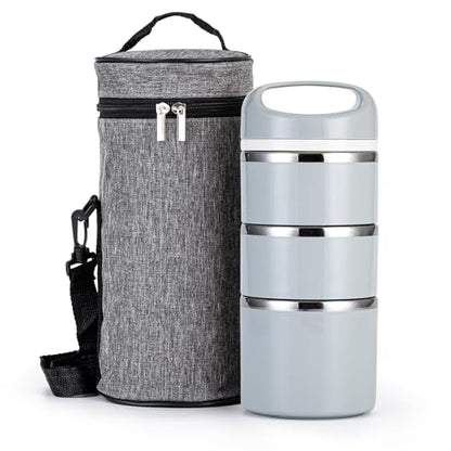 Lille Home Stackable Stainless Steel Thermal Compartment Lunch/Snack Box, 3-Tier Insulated Bento/Food Container with Lunch Bag and Three Extra Seals, 43OZ (Gray) - color: Gray