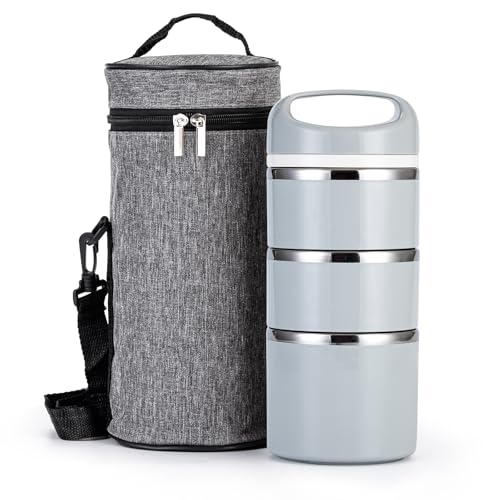 Lille Home Stackable Stainless Steel Thermal Compartment Lunch/Snack Box, 3-Tier Insulated Bento/Food Container with Lunch Bag and Three Extra Seals, 43OZ (Gray) - color: Gray