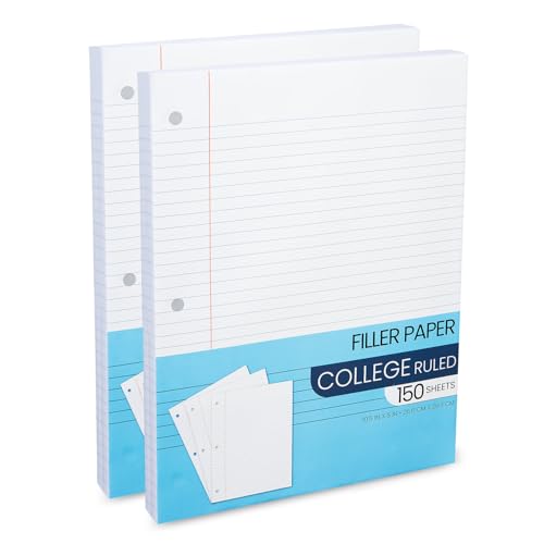 Notebook Paper College Ruled, Loose Leaf Paper College Ruled Notebook Binder Paper Bulk, Lined Filler Paper for 3 Ring Binders - 10.5” X 8", for Student, College, School - 150 Sheets - (2 Pack)