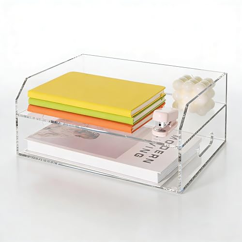 Paper Tray Organizer for Desk, 2 Tier Acrylic Desk Organizers and Accessories, One-Piece Integrated A4 Paper Organizer with Handles, Crystal-Clear Letter Tray & Compact Office File Holder - size: 2-Tier-Horizontal