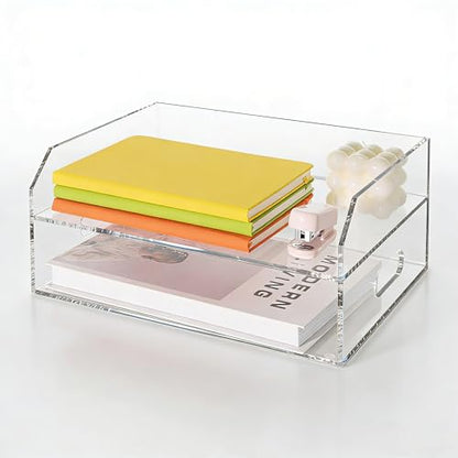 Paper Tray Organizer for Desk, 2 Tier Acrylic Desk Organizers and Accessories, One-Piece Integrated A4 Paper Organizer with Handles, Crystal-Clear Letter Tray & Compact Office File Holder - size: 2-Tier-Horizontal