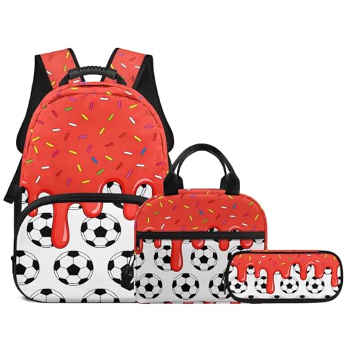 Red Ice Cream Soccer Ball 3PCS Backpacks for School 3 in 1 Lightweight 17 Inch Daypacks for Boys Girls School Bag with Insulated Lunch Box Pencil Case - color: Red Ice Cream Soccer Ball