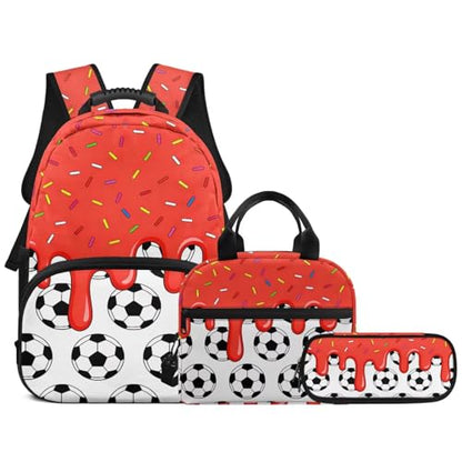 Red Ice Cream Soccer Ball 3PCS Backpacks for School 3 in 1 Lightweight 17 Inch Daypacks for Boys Girls School Bag with Insulated Lunch Box Pencil Case - color: Red Ice Cream Soccer Ball