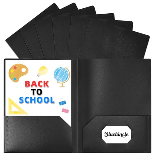 6 Pack Folders with Pockets Black 2 Pocket Plastic Folder for School | File Folder for Documents Letter Size with Business Card Slot Back to School Office Teacher Supplies - color: Black
