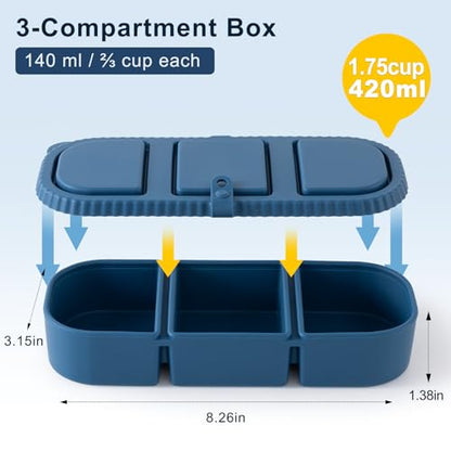 3 Pack Silicone Reusable Snack Containers with Lids - 3 Compartment Snackle Box for Kids & Adults, BPA-Free & Leakproof, Small for Dressing, Sauces, School, Office, Picnic（Blue, yellow, pink） - color: 3-Compartment (3-Pack)