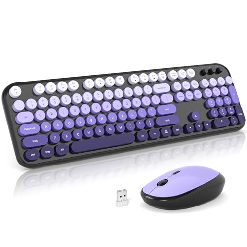Wireless Keyboard and Mouse, SQMD Colorful Typewriter Retro Keyboard with Round Keycaps, 2.4GHz USB Full-Size Keyboard and Mouse Set for Mac PC Desktop Laptop-Black Purple Gradient - color: Black Purple Gradient